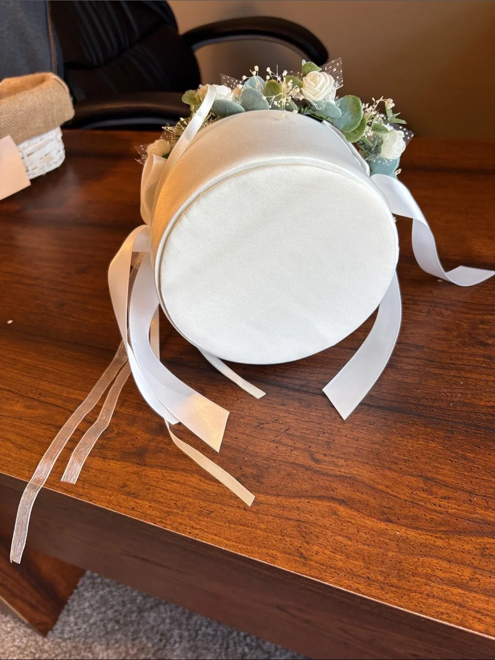 Ivory Flower Girl Basket with White Ribbon and Greenery